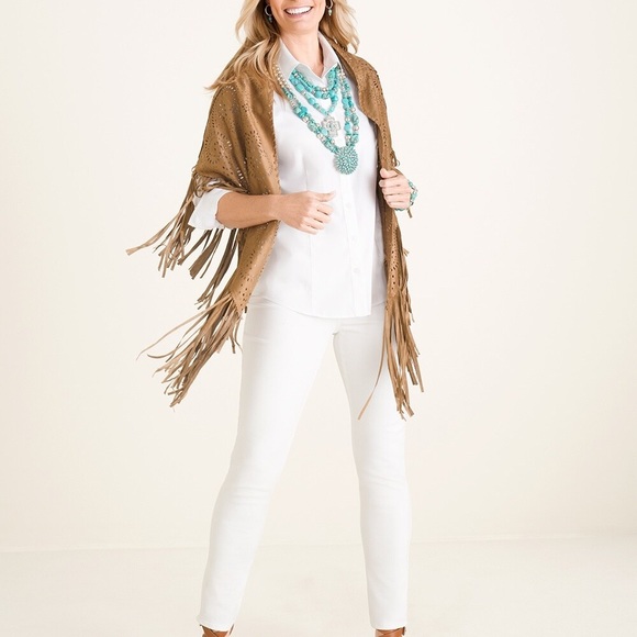 Chico’s faux suede fringe wrap perfect for Fall and Rodeo season. Boho chic. - Picture 5 of 6